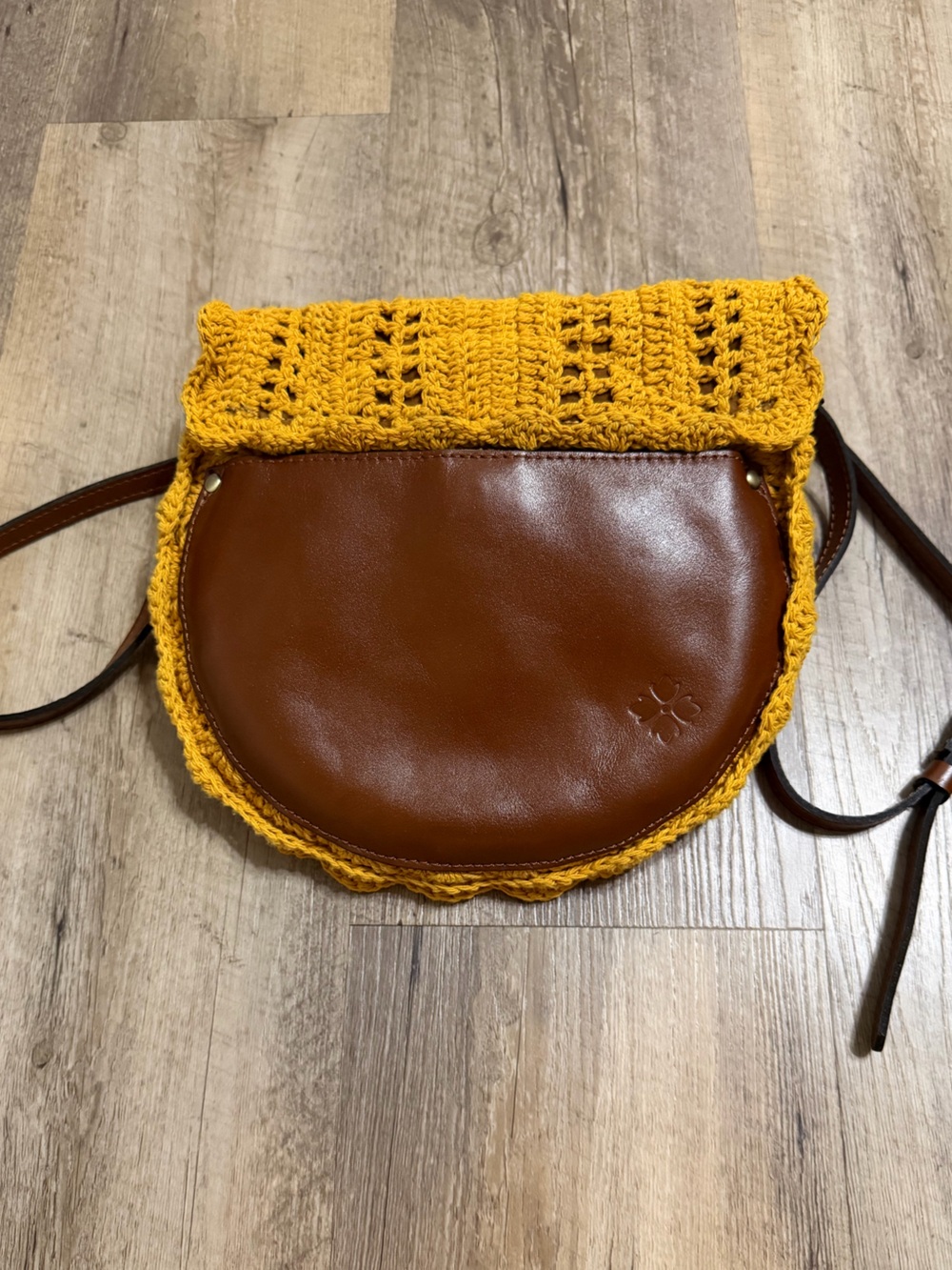 Patricia Nash Mustard Yellow Crochet Crossbody with Brown Strap - Picture 4 of 4